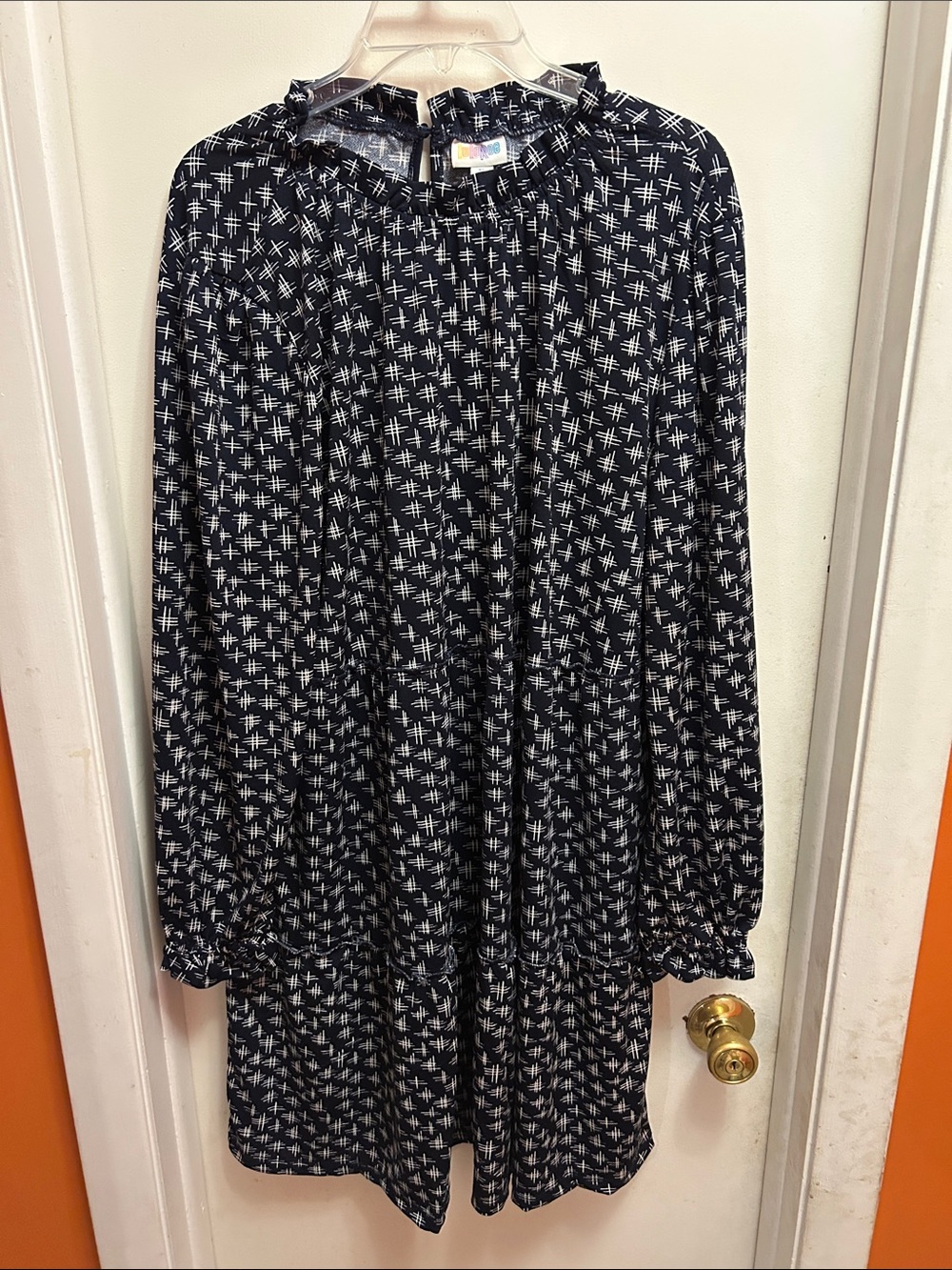 LuLaRoe Navy and White Long Sleeve Ruffle Neck Dress